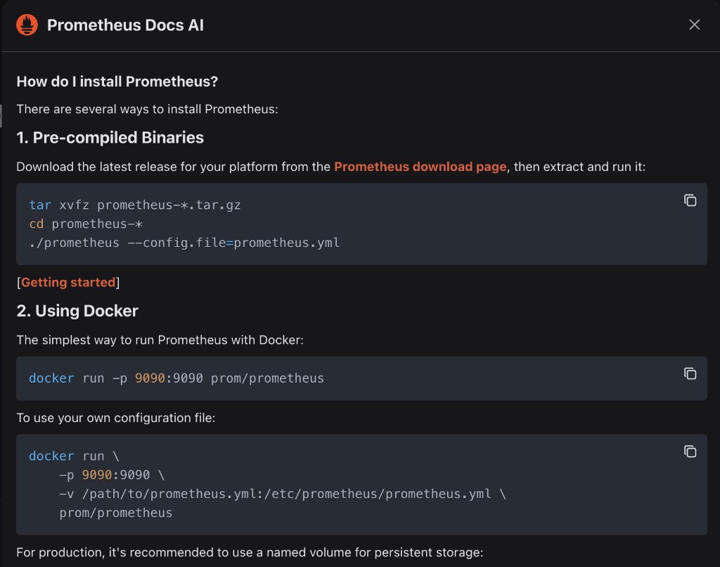 Prometheus Docs AI answering a question about installing Prometheus with links to the docs