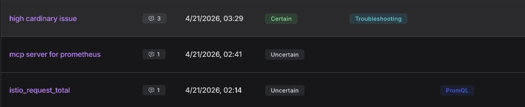 Kapa question insights showing user questions, confidence levels, and topic tags